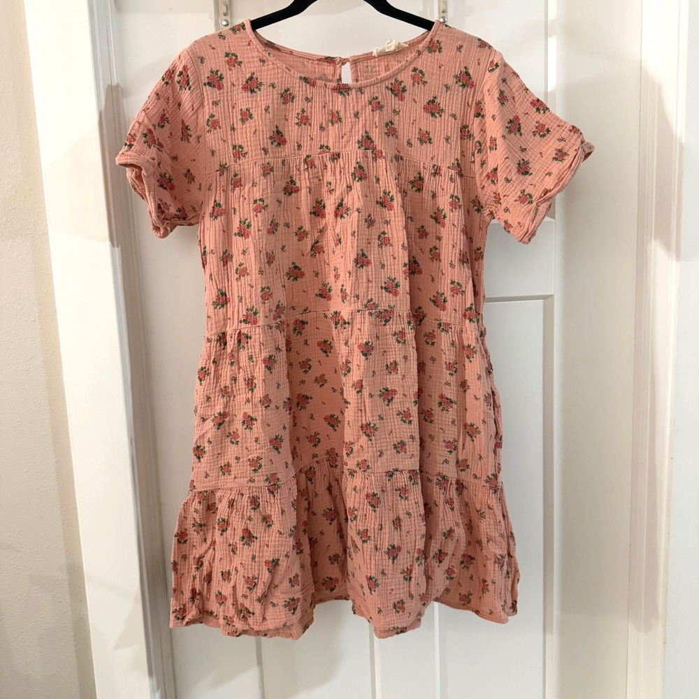 Pink‎ Ditsy Floral Cotton Gauze Tiered Babydoll Mini Dress S Cottagecore Pockets